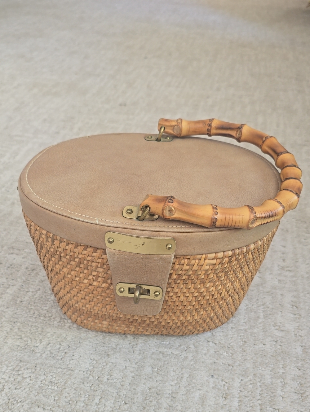 Woven Straw Top-Handle Bag with Bamboo Handle